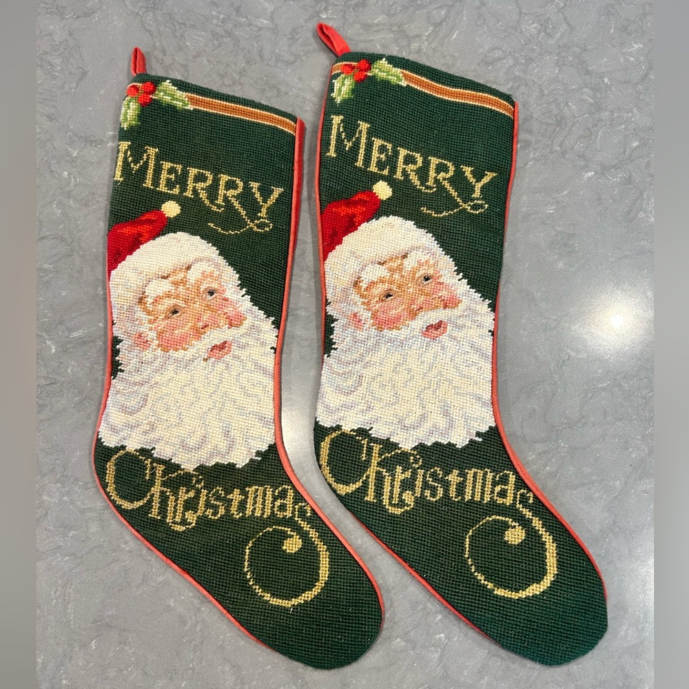Handmade MERRY CHRISTMAS SANTA Needlepoint STOCKING Wool